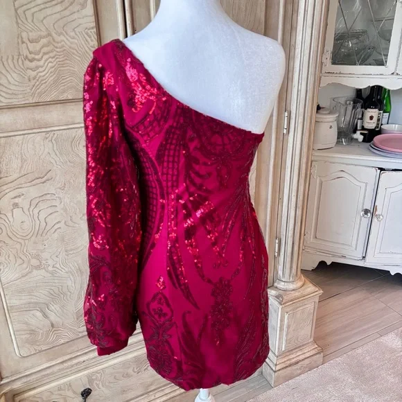 NEW Red Dress, Sequin Dress, Cocktail Dress, One Shoulder, NWOT, Size 0 - Picture 5 of 10